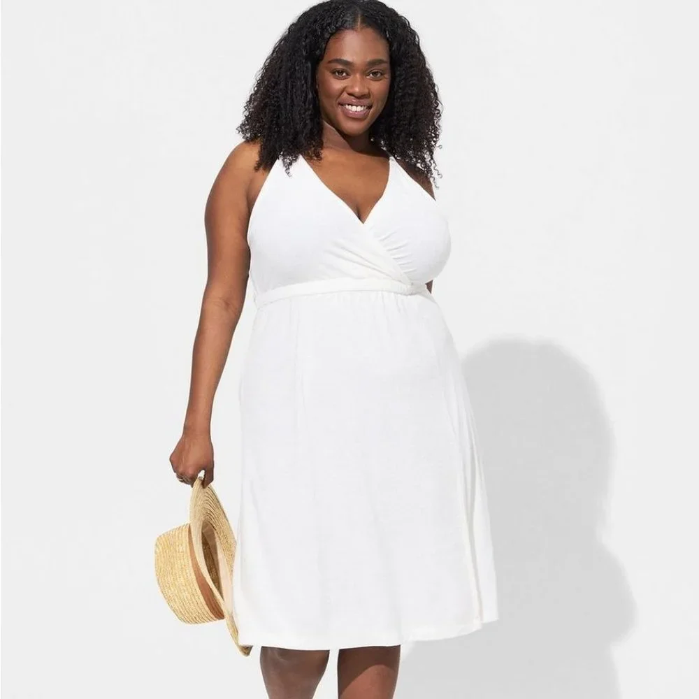 Torrid Plus Size Midi Terry Cloth Wrap Beach Dress - White/Ivory - Picture 1 of 4